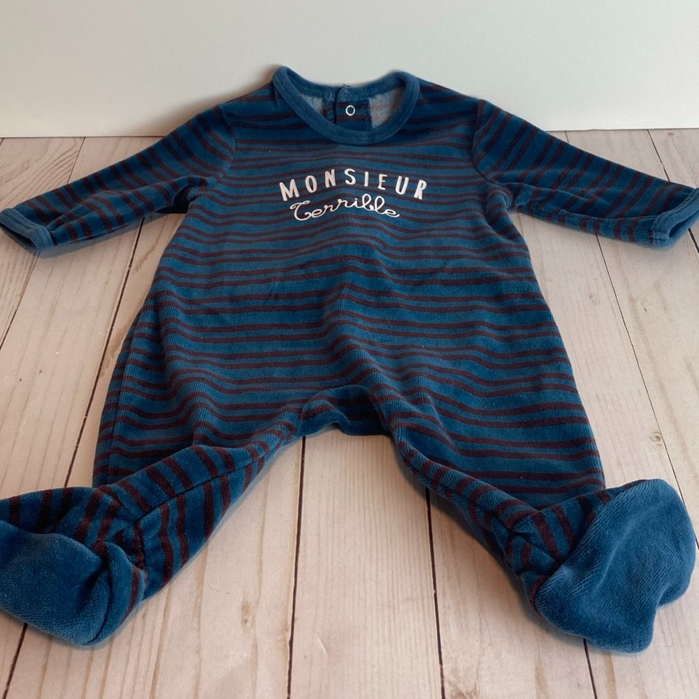ROCK & REPUBLIC Velour Comfort Footed Sleeper Infant 3 M Blue Stripe